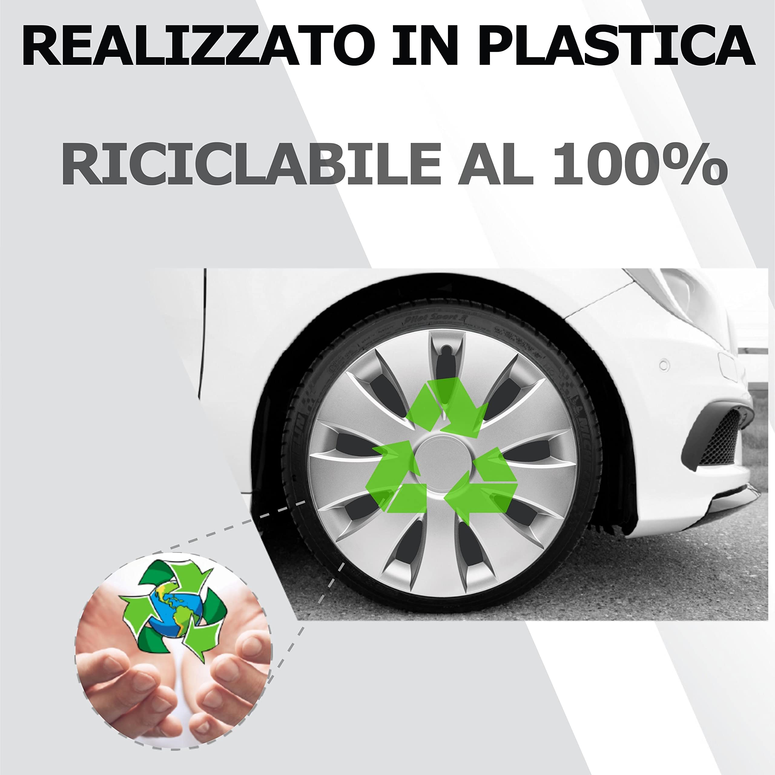 Copricerchi argento da 14 pollici, set da 4 copricerchi Aura, per la maggior parte delle marche di auto e cerchioni in acciaio, tappi decorativi in nero o argento