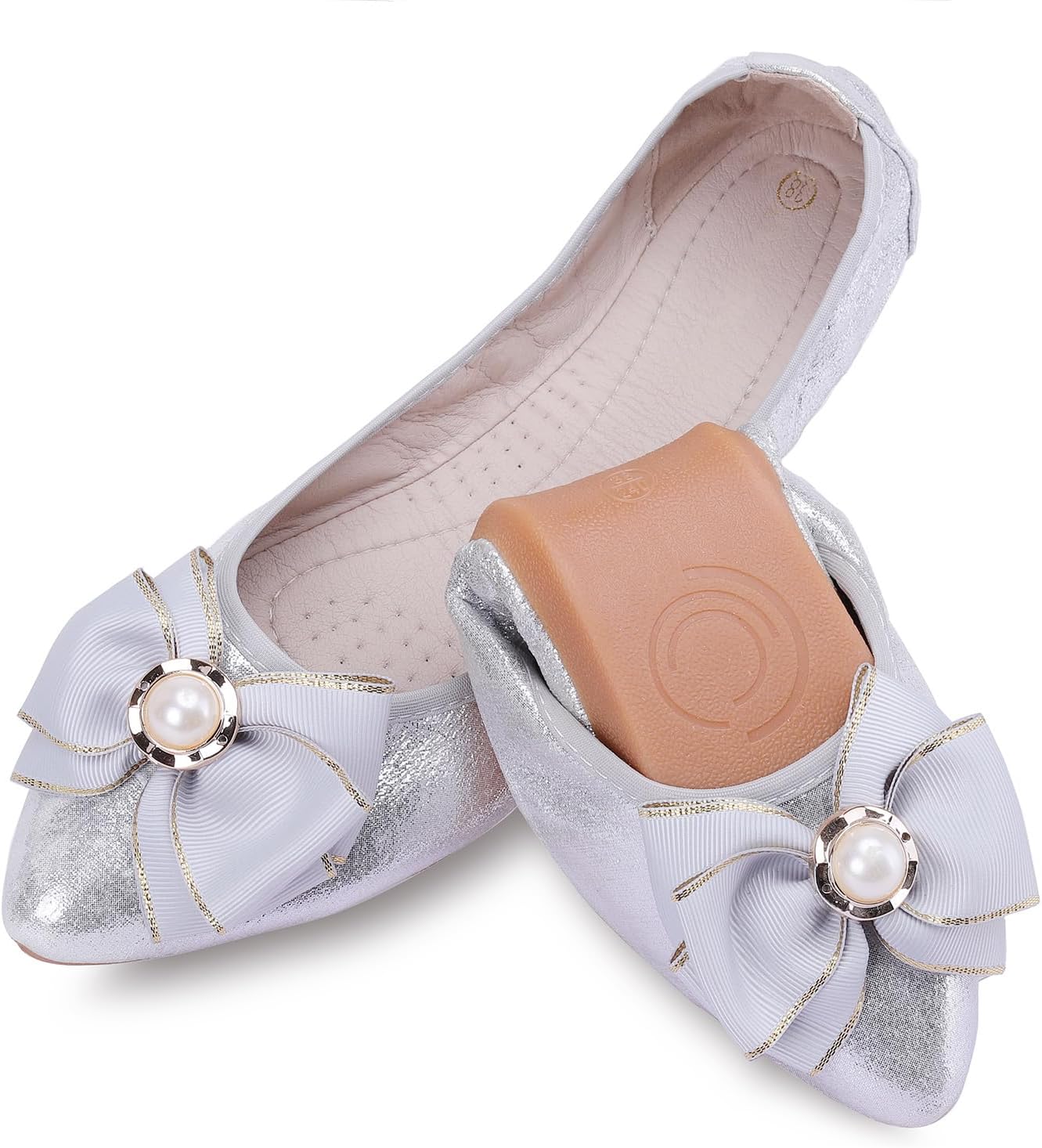 Womens Foldable Ballet Flats Bling Rhinestone Pointed Toe Comfort Slip On Walk Work Loafers Bridal Dress Shoes