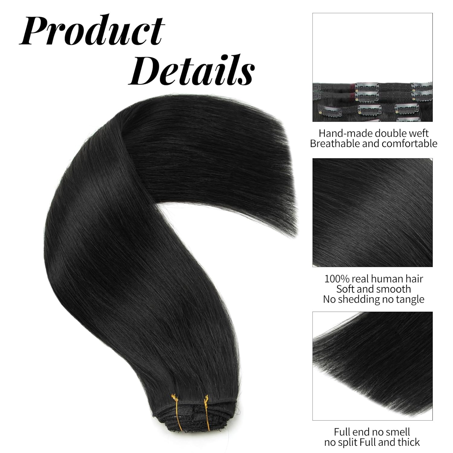 Clip in Hair Extensions Real Human Hair 100% Brazilian Virgin Human Hair Double Weft 7pcs with 16 Clips 20 Inch 120g 1B Natural Black - Image 6