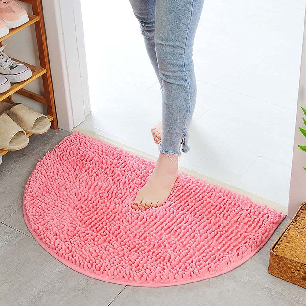 Half Moon Chenille Doormat, DreamInn Bathroom Bedroom Non-Slip Door Mat, 18” x 30”  (Pink)