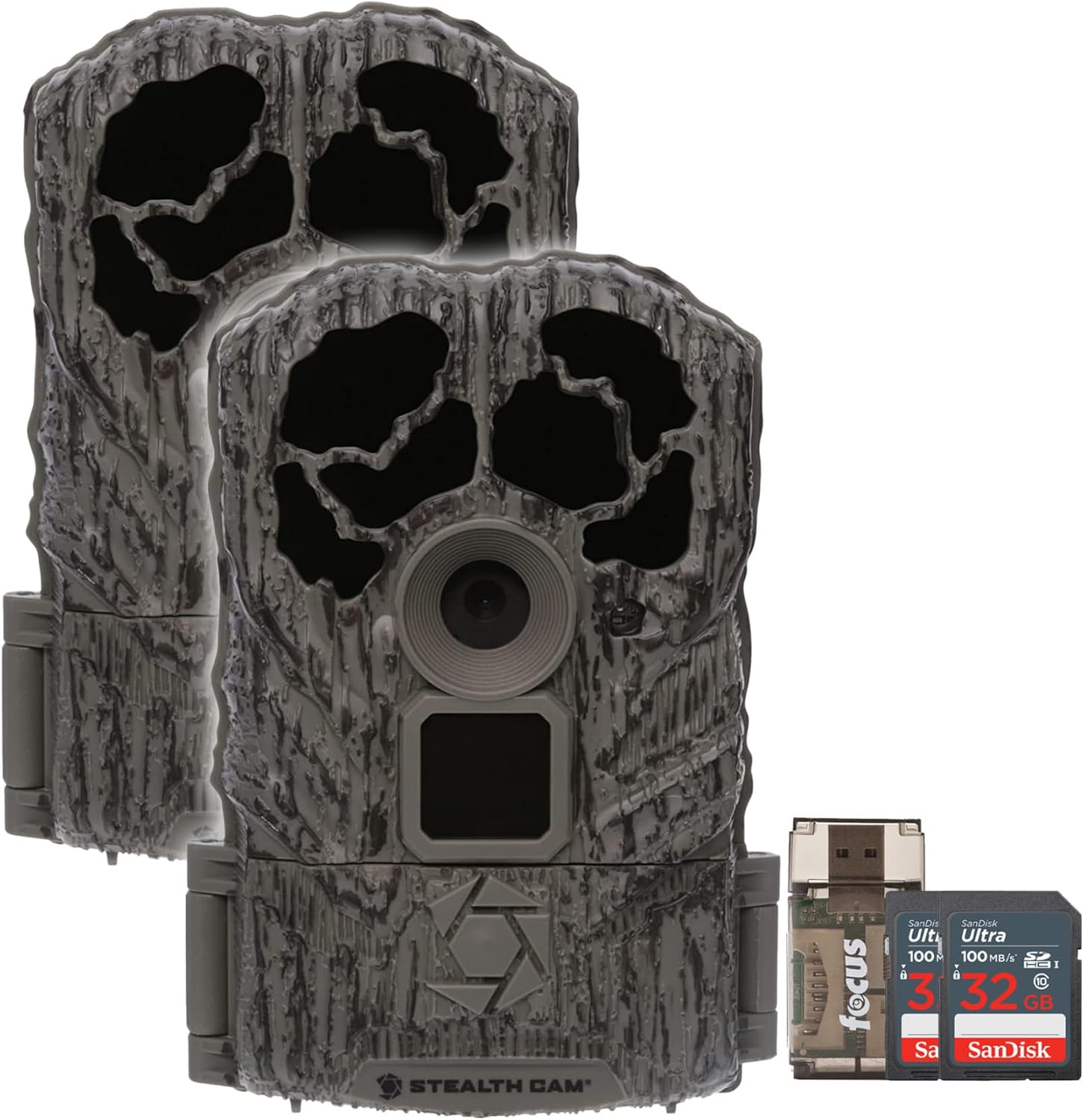 Stealth Cam Browtine 16MP, Durable, 60 Feet Infrared Detection Range, and Burst Mode Trail Camera (2-Pack) Bundle with USB 2.0 Card Reader, and Two 32GB Ultra SDHC UHS-I Memory Card (5 Items)