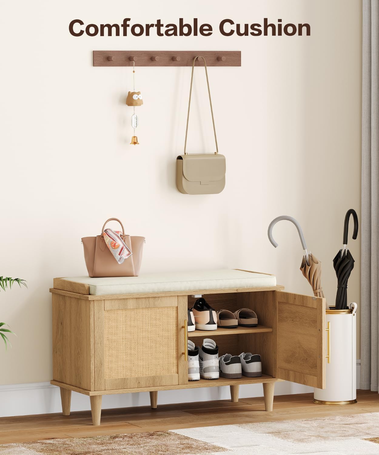 Rattan Shoe Storage Bench with Cushion, 2-Tier Entryway Bench with Adjustable Shelves and 2 Doors, 15" D x 31.5" W x 20" H, Solid Wood Legs, for Hallway, Living Room, Bedroom, Natural Oak