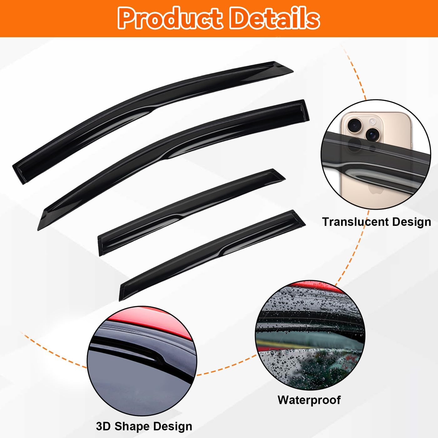 4pcs JDM 3D Wavy MU Style Window Visors Compatible with 2012-2016 Honda CR-V CRV, Front+Rear Left+Right Outside Mount Type Dark Smoke Tint Tape-On Side Sun Rain Guards Set of 4