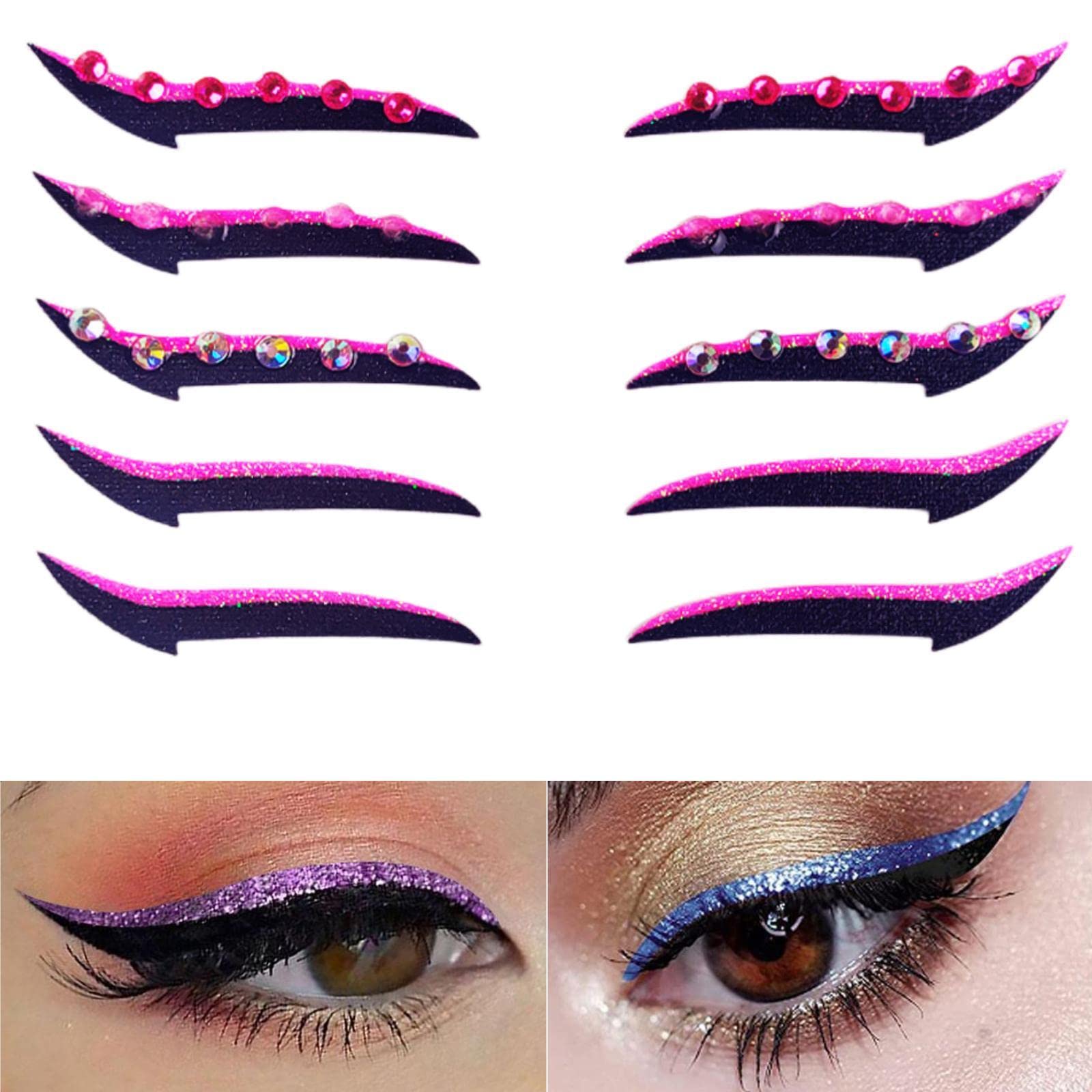 VUUEAN Reusable Eyeliner Stickers With Eyelashes, Glitter Self Adhesive False Eyelashes, Waterproof Eyeliner Sticker (5 Pairs Pink Eyeliner)