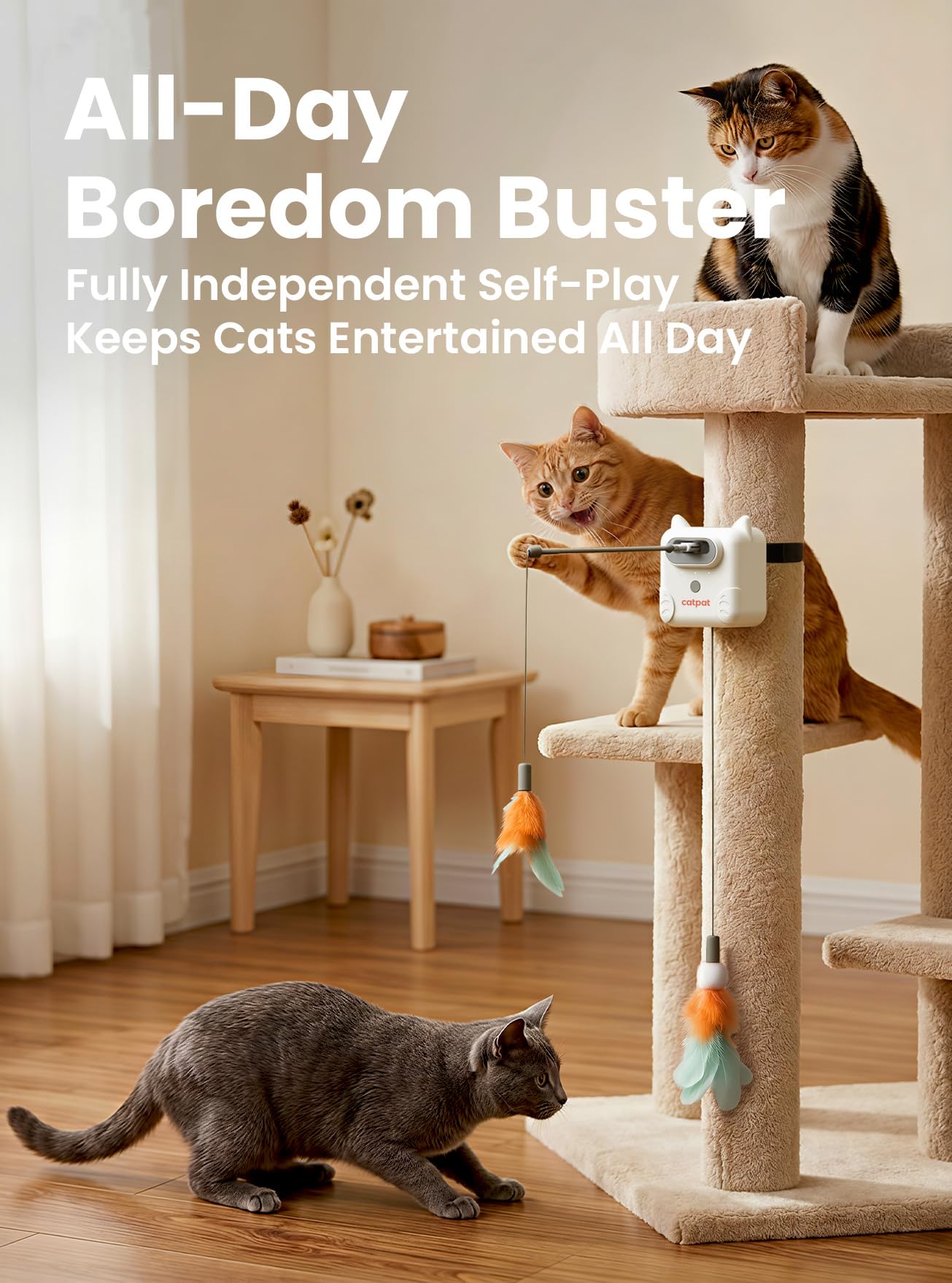 Interaktives Katzenspielzeug für Indoor-Katzen, Automatisches Feder-Katzenspielzeug mit 3 Spielmodi, Clip-On Cat Teaser Zauberstab mit einziehbarer Feder Katzenminze-Glocke