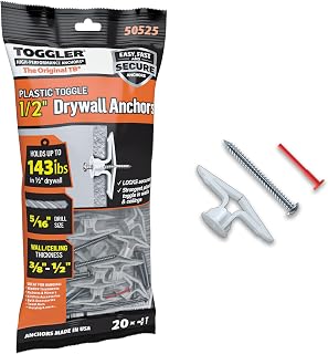 TOGGLER Toggle TB Drywall Anchors (20-Pack) | USA-Made Heavy-Duty Toggle Bolts for 3/8"-1/2" Drywall, #6-#14 Screws Included