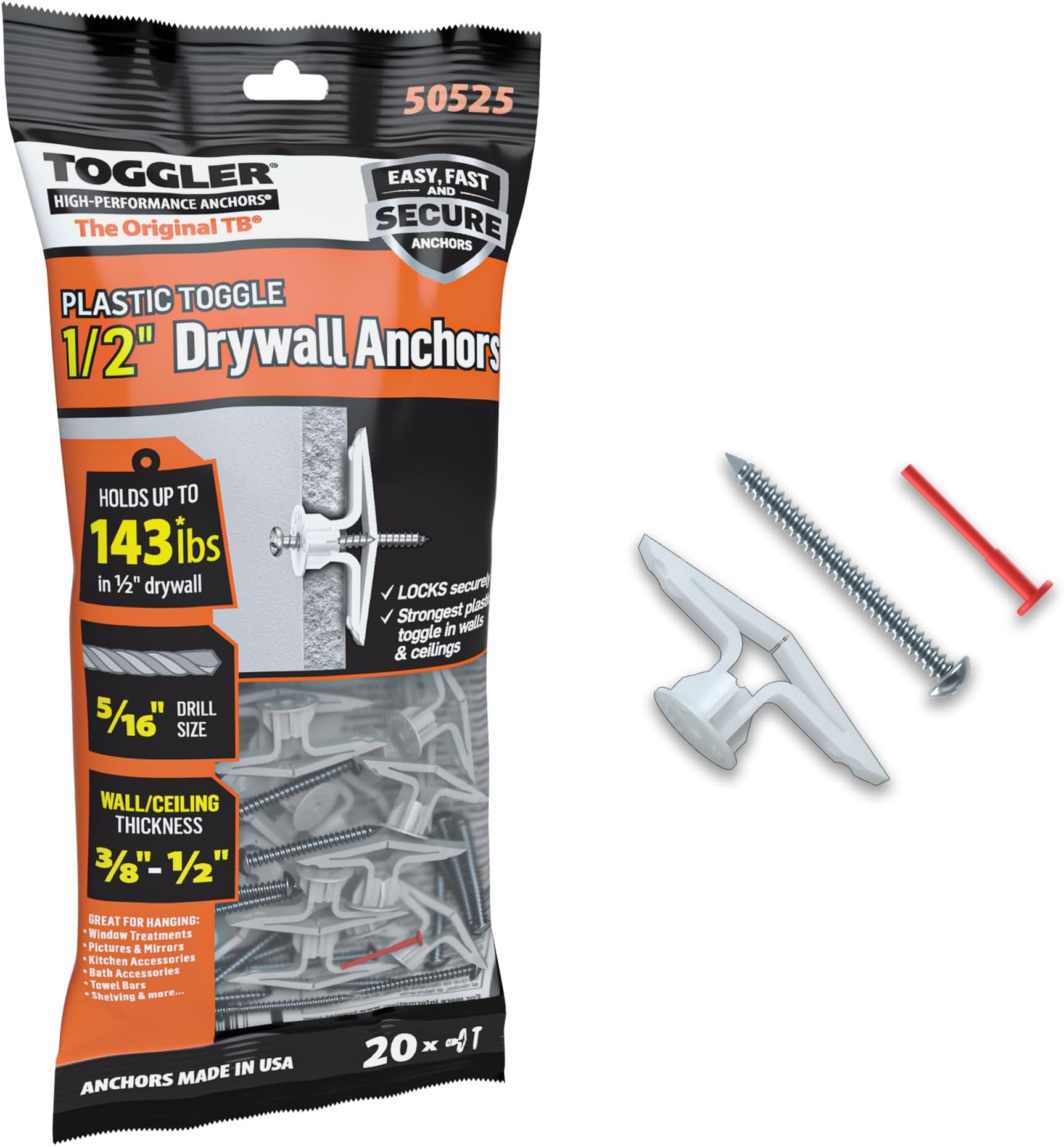 TOGGLER Toggle TB Residential Drywall Anchor with Screws, Polypropylene, Made in US, 3/8" to 1/2" Grip Range, for #6 to #14 Fastener Sizes (Pack of 20)