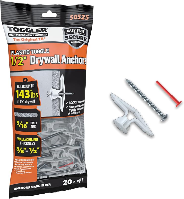 Anclaje para paneles de yeso Toggle TB con tornillos, paquete de 20, 3/8" a 1/2" | Anclajes de polipropileno para paneles de yeso con tornillos para sujetadores #6 a #14