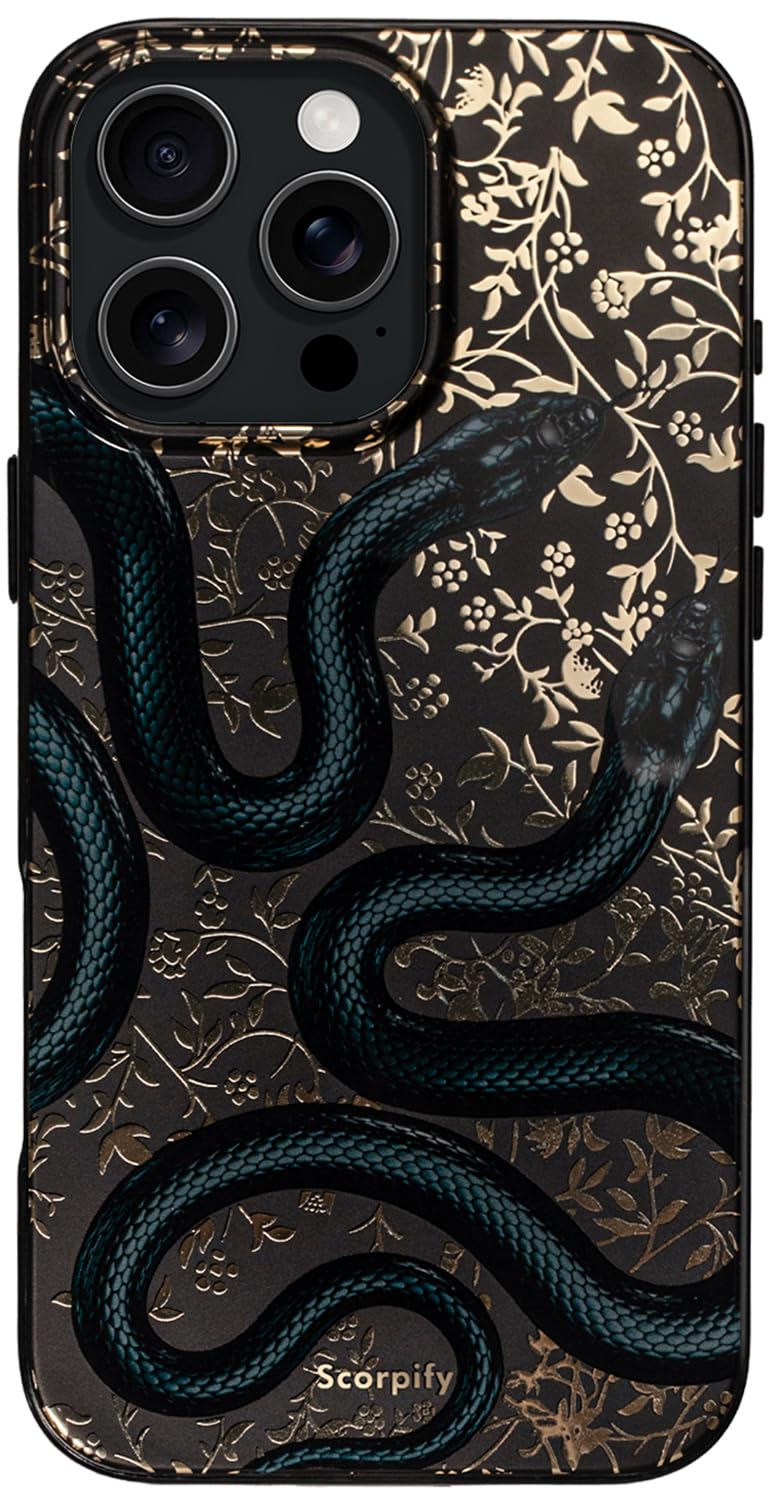 SCORPIFY for iPhone 16 Pro Case [Compatible with MagSafe] with Matte Black Double Snake Design, Cute Magnetic Phone Cover for Women Girls and Men,