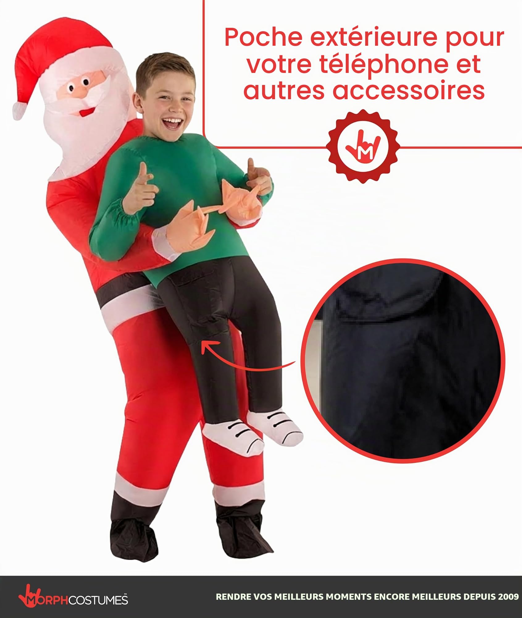 Morph Deguisement Pere Noel Gonflable Enfant, Costume Halloween Garcon | Combinaison Rouge Gonflable avec Ventilateur, Se Gonfle en 60 Secondes, Parfait pour Halloween, Toujours un Succès