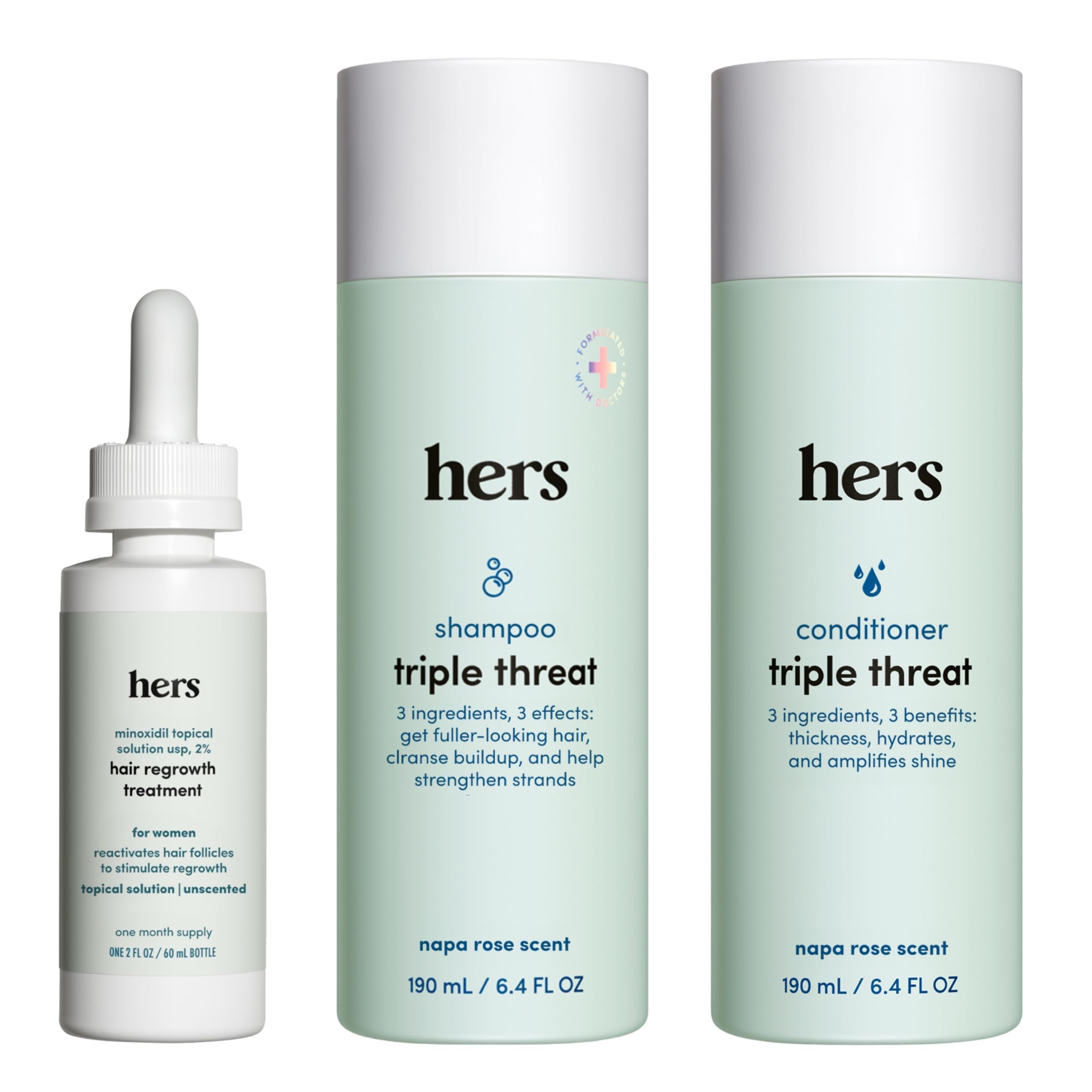 hers Triple Threat Shampoo, Conditioner, and 2% Minoxidil Set - Biotin, Saw Palmetto, & Pumpkin Seed Oil - Supports Hair Regrowth for Women - Color-Safe & Paraben-Free - Napa Rose Scent - 3 Count