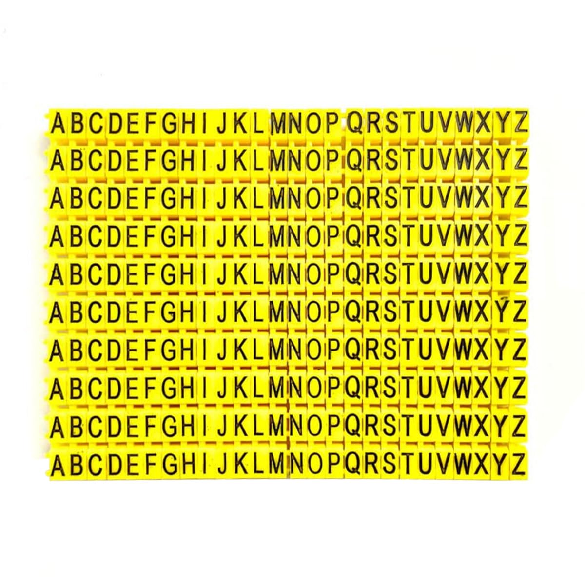 260 szt. żółtych znaczników numerujących przewodów, A-Z, etykiety na kable 2,5 mm, wzór w kształcie litery M, do instalacji światłowodowych w sieci elektrycznej