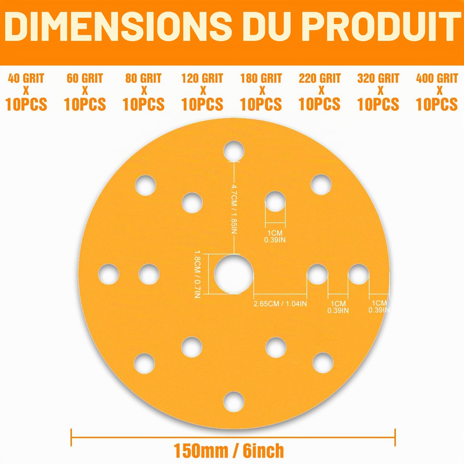 KONGMING 80 Pièces Disque Abrasif 150mm Grain 40-400 15 Trous Ponceuse Excentrique
