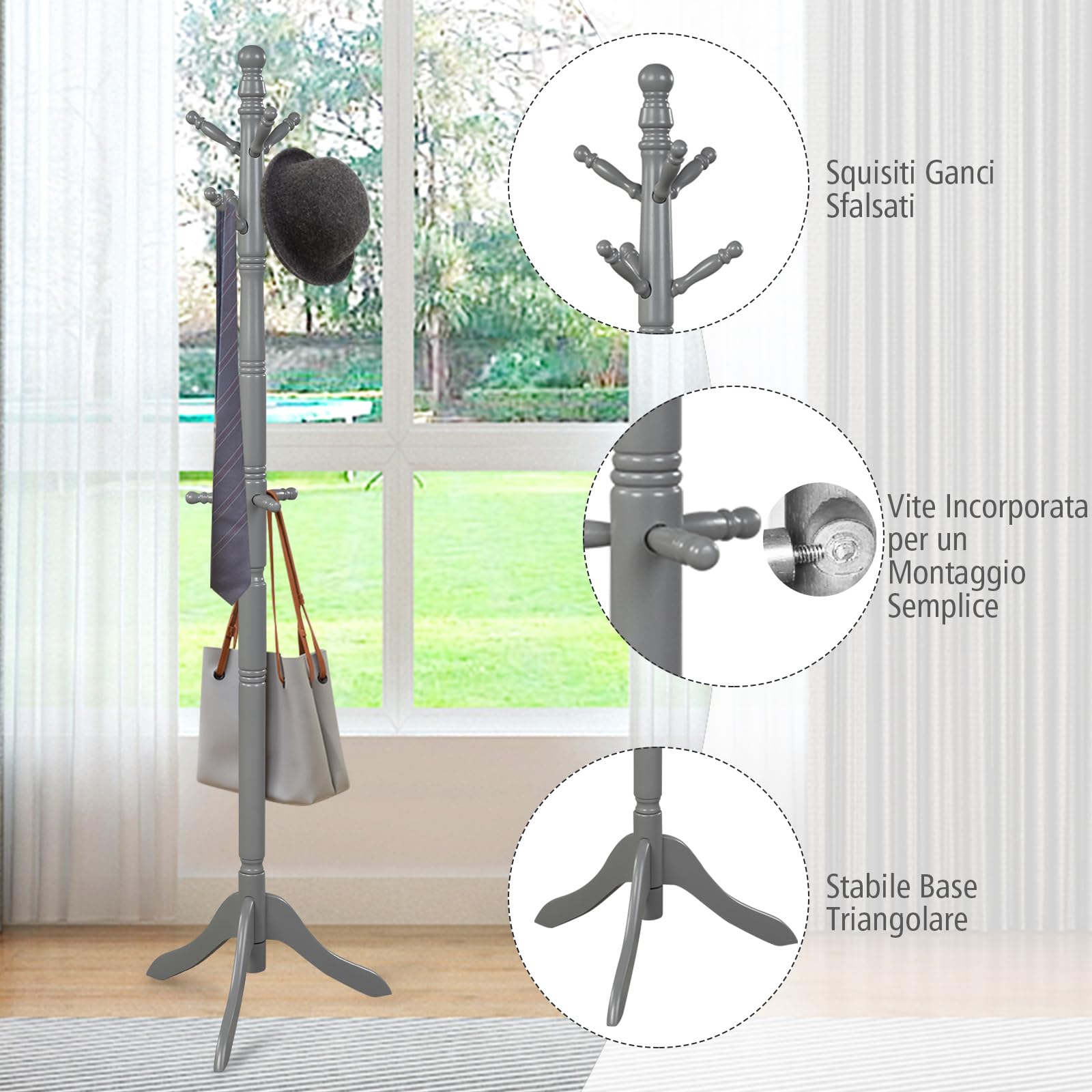 COSTWAY Attaccapanni ad Albero, Appendiabiti in Legno di Gomma con 9 Ganci, Albero Porta Abiti per Camera da Letto Soggiorno Ingresso e Ufficio, 50x50x138-175 cm (Grigio)