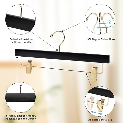 Miniatura 2 de Quality Hangers Perchas de madera negras para pantalones, paquete de 20 perchas giratorias para ropa, falda de madera de loto, pantalones,