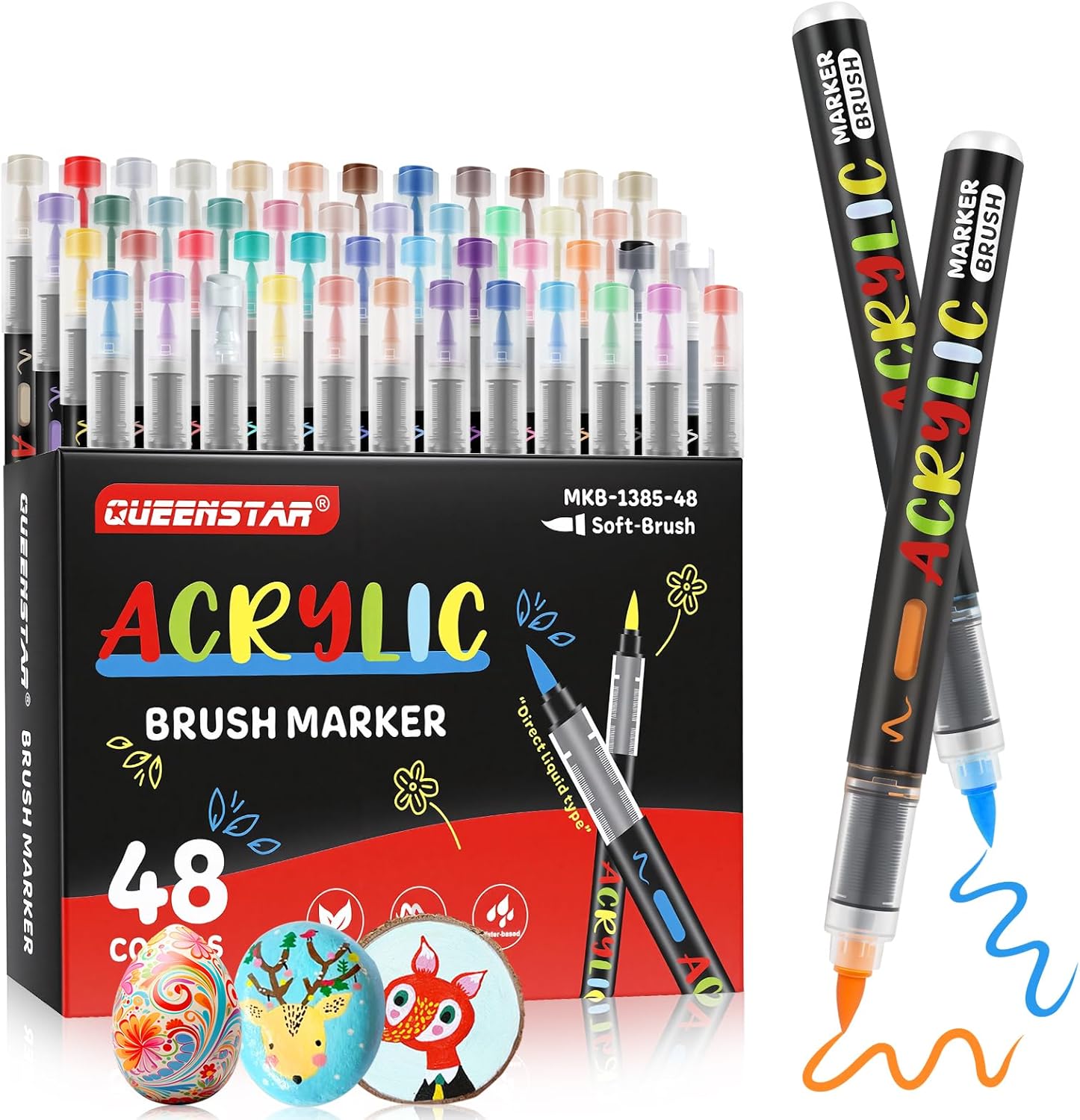 48 Colors Acrylic Paint Markers Brush Tip, Direct Ink Acrylic Markers Set with Brush Tip, Waterproof Paint Markers for Rock, Wood, Glass, Canvas, Ceramic, Fabric & DIY Crafts