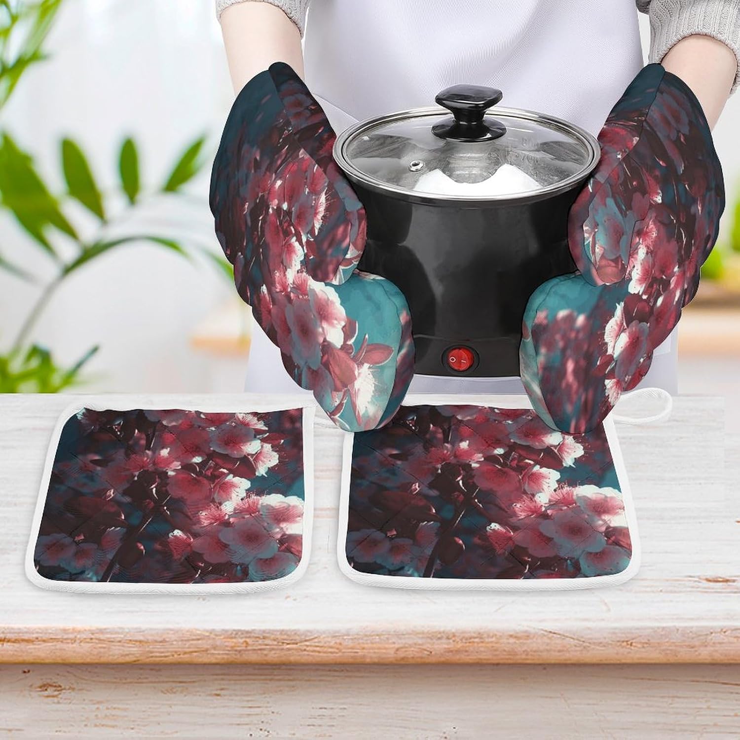 Oven Mitts Pot Holders Kitchen Flowers in The Sun Heat Resistant Oven Glove for Baking and Cooking