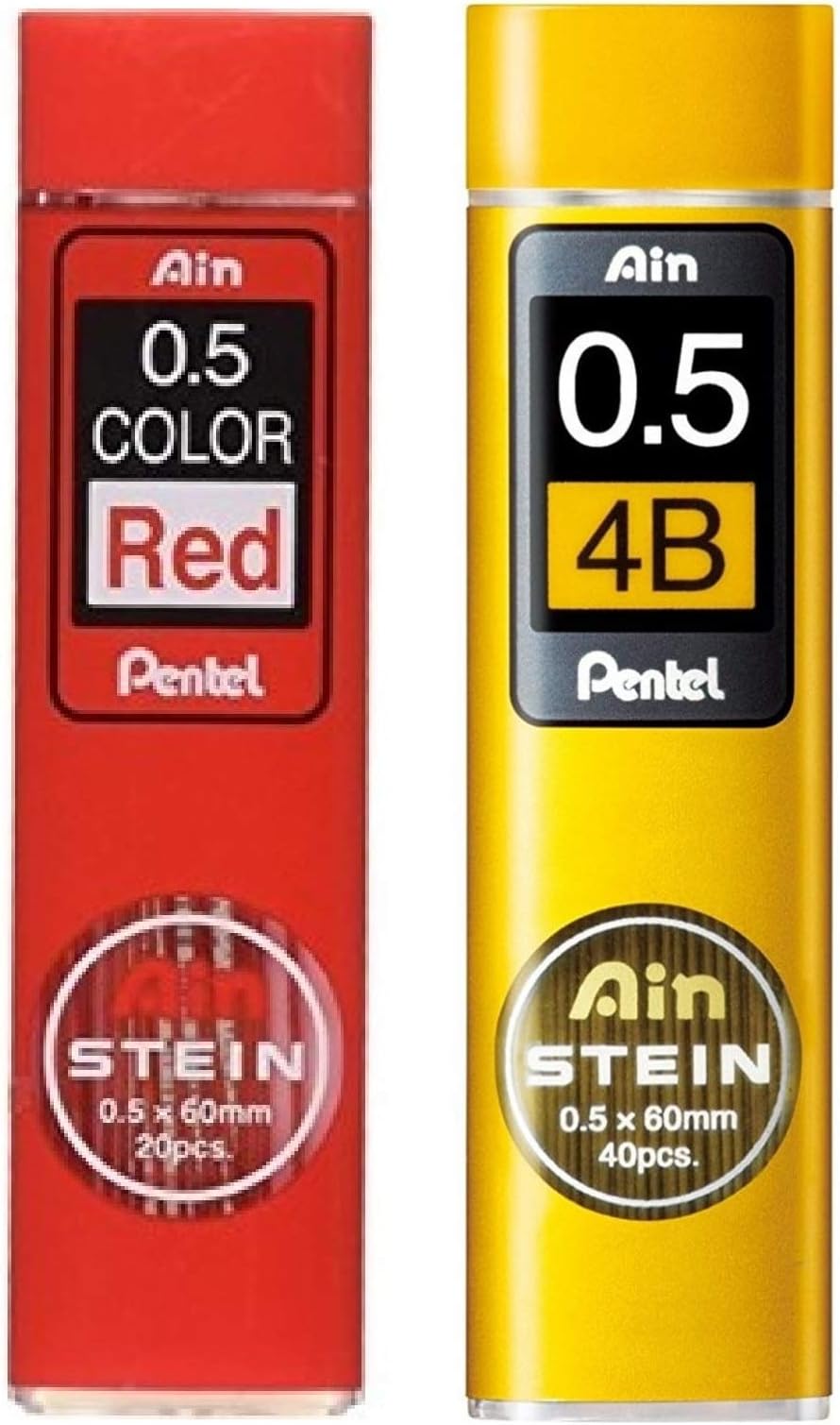 Pentel Ain Stein Mechanical Pencil Lead, 0.5mm 4B and Red, 40 Leads-2 Pack