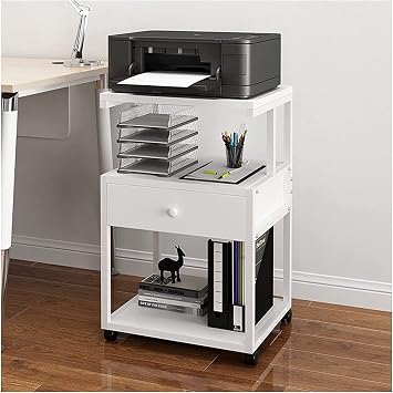 Home Printer Stands Printer Stand,3 Tier Printer Stand Table Shelf Desk with Storage Cabinet Office White