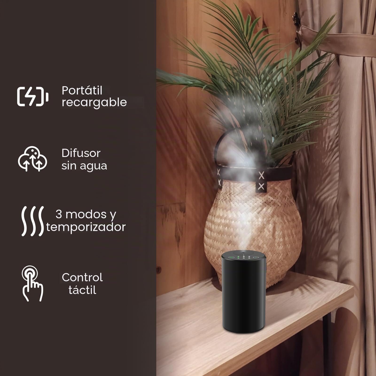 Difusor de aceites Esenciales sin Agua para el hogar, Funciona con Pilas, inalámbrico, con Temporizador, 3 Niveles de Niebla, Coche, Dormitorio, habitación, Oficina, aleación de Aluminio (Negro)