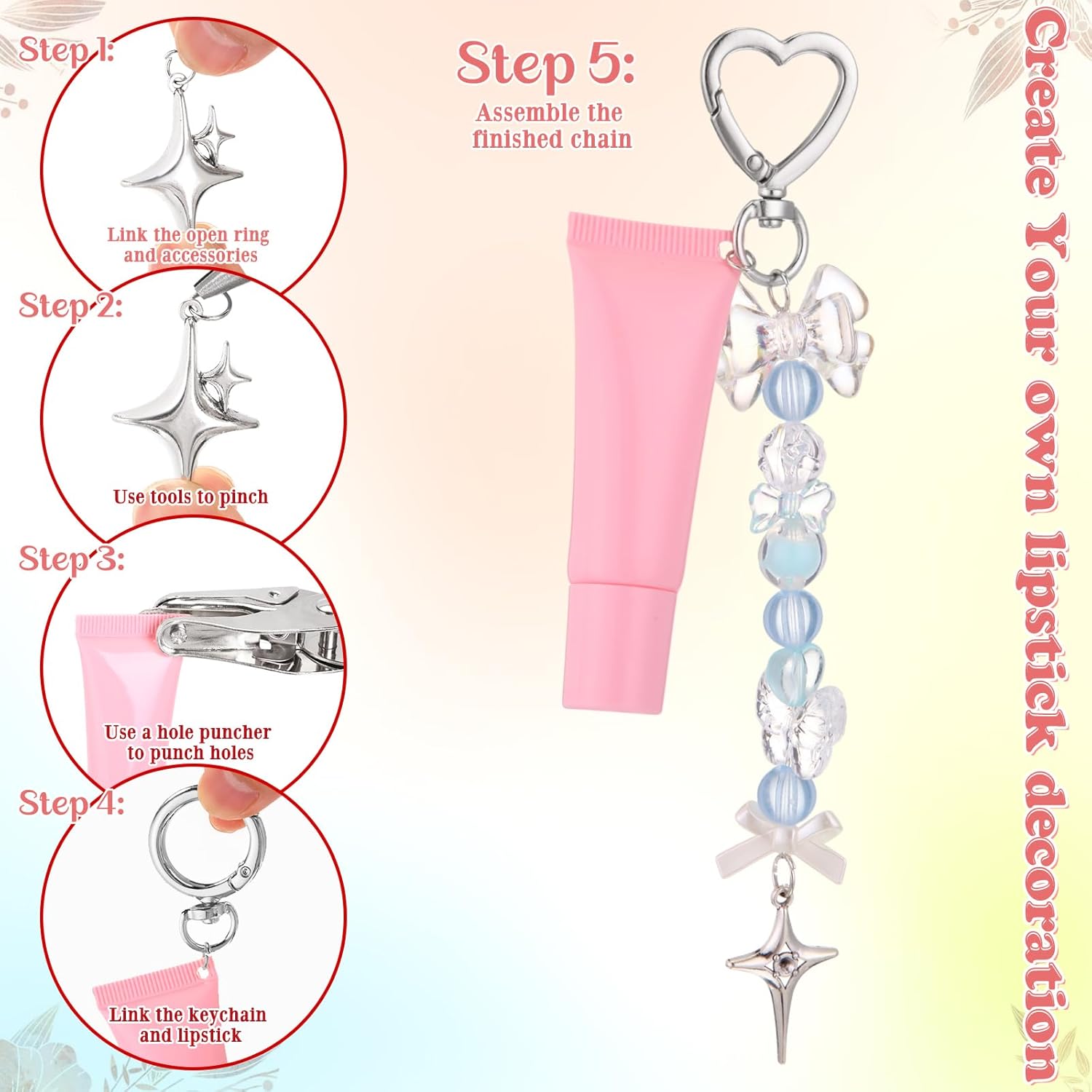 VioraWhite Lip Gloss Charm Kit Lip Gloss Keychain Making Kit Including Assorted Charms Keychain Clips Extender Chain(855 Pcs,Mixed Style) - Image 4