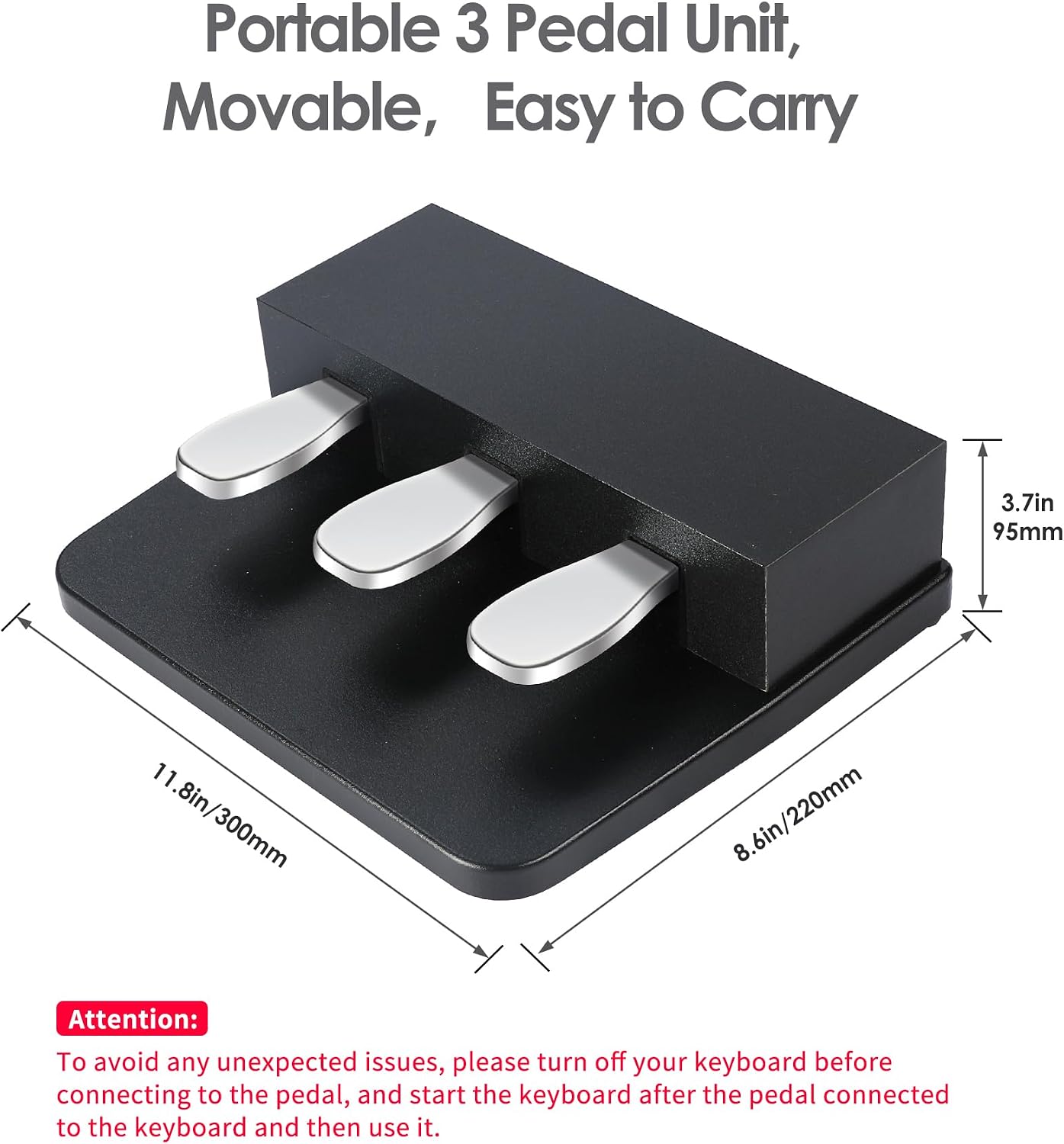 Portable 3-Pedal Unit For Electric Pianos Keyboards, Soft & Sostenuto & Damper Sustain Pedal, Anti-Slip 3 Pedal Board Compatible With Yamaha P125 P121 P515 DGX670 Digital Pianos Keyboards (Black)