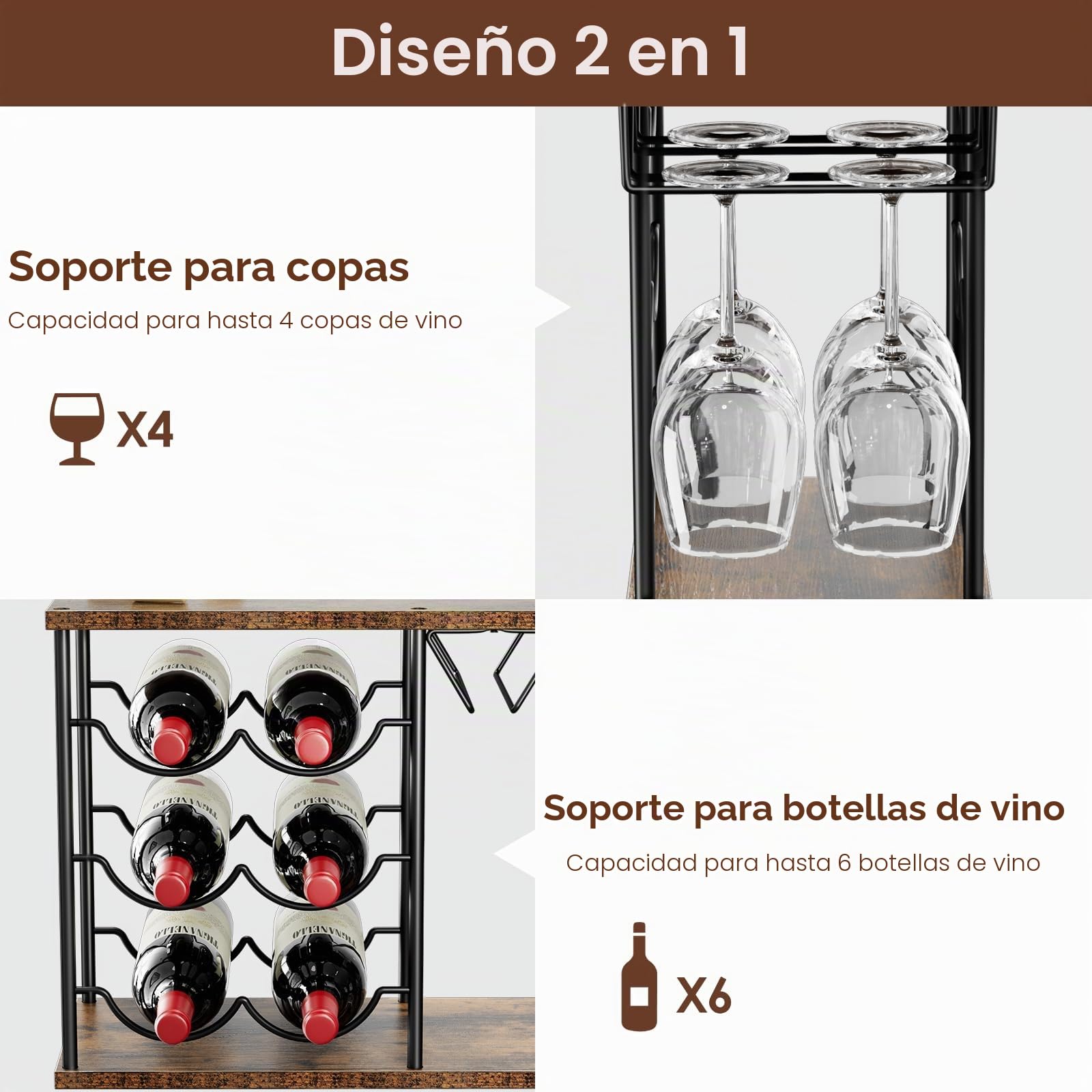 Nuovoware Estantes de Vino para Encimera, Porta Botellas de 6 y 4 Copas, Organizador Metálico de Madera
