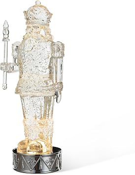 Glitzhome 12.5 H Lighted Crystal Nutcracker Figurine Water Globe, with Timer, Acrylic Swirling Glitter Nutcracker Figurine with Drum Base Water Snow Globe for Xmas Christmas Holiday Decoration