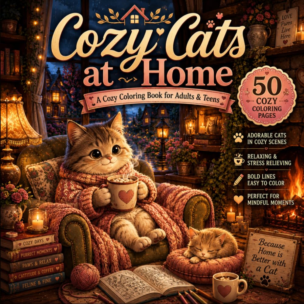 Cozy Cats at Home: 50 Cozy Cat Coloring Pages for Adults & Teens: Stress Relief, Relaxation, Cottagecore, Cozy Home Scenes & Mindfulness