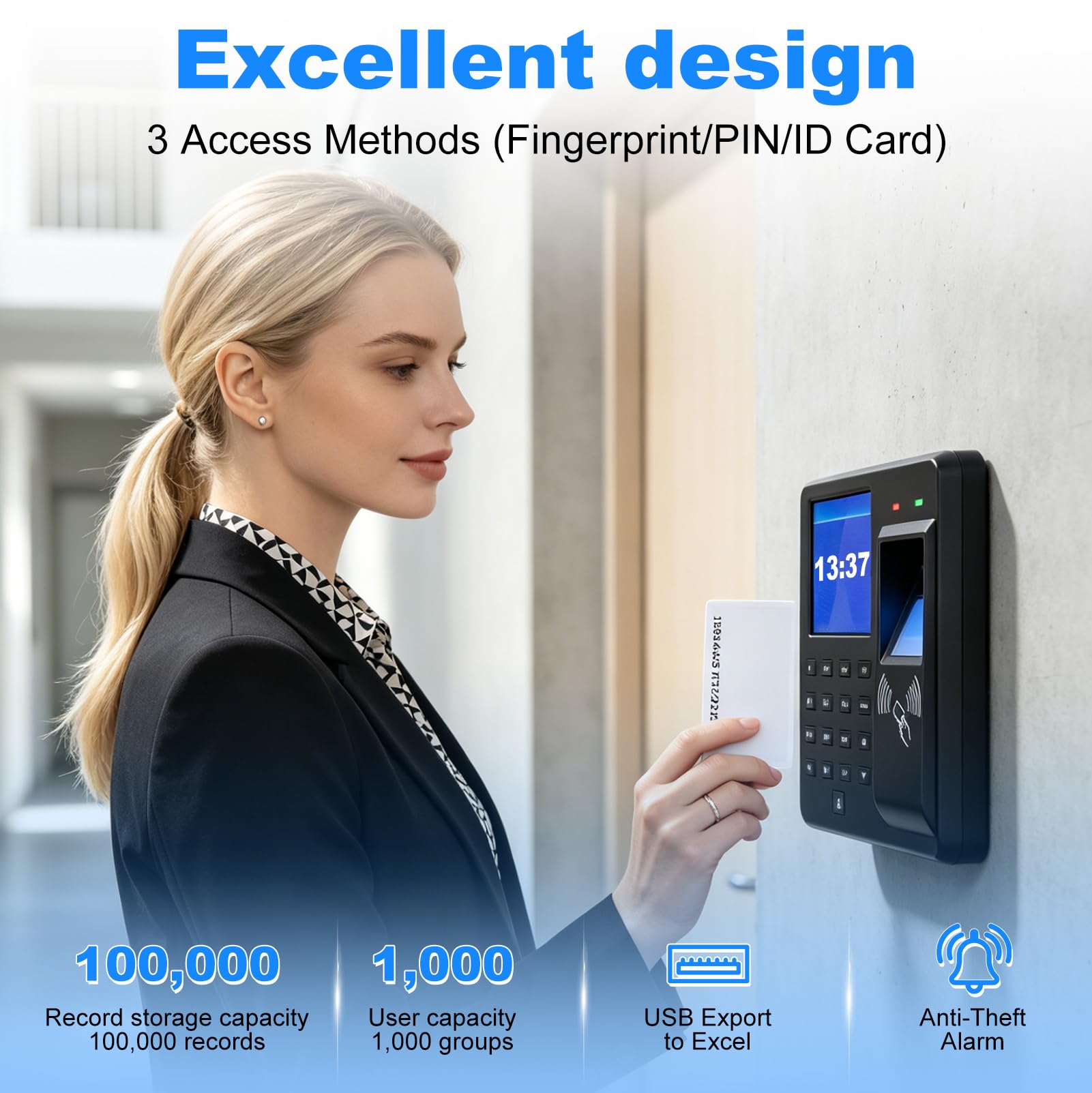 Rilevamento del tempo per piccole imprese, timbri con impronte digitali, password e ID (schede 15ID incluse), registrazione dell'orario di lavoro con esportazione USB, nessun costo mensile