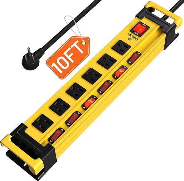 Power Strip Surge Protector 2700J with Individual Switches and Flat Plug, 10FT Heavy Duty Cord 6 Wide Spaced Outlet Mountable Metal Power Strips with Cord Manager and Hanger