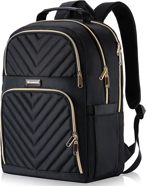 Laptop Backpack for Women, School Backpack for Teen Girls, 15.6 Inch Quilted Work Backpack Purse, Large Anti-theft Bookbag for Students, Casual Daypacks for Women, Black