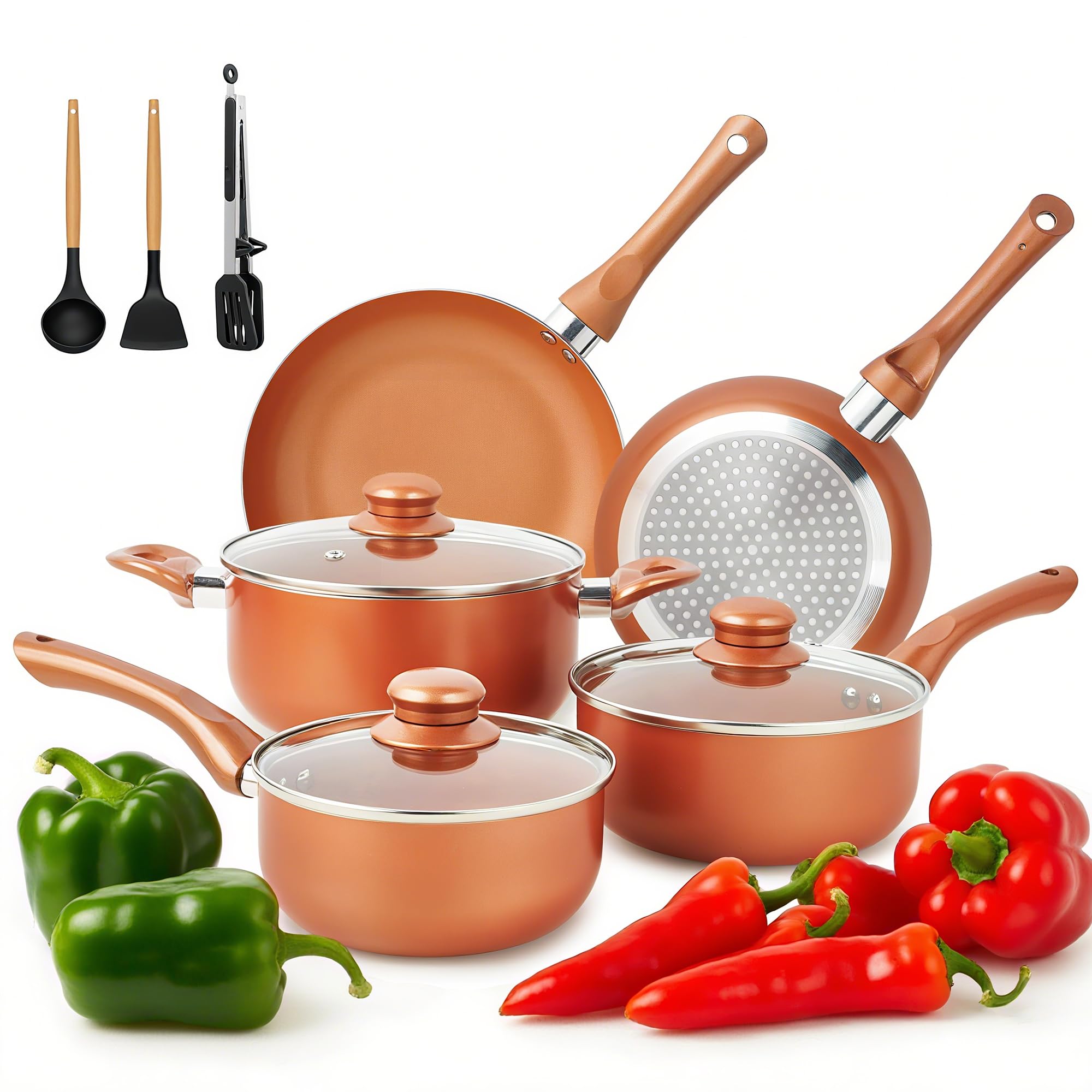 de 11 piezas juego de utensilios de cocina antiadherentes, apto para horno y asador, ollas y sartenes, juego de cocina, sartenes, cacerolas, salteadores, cocina, hogar, apto para lavavajillas
