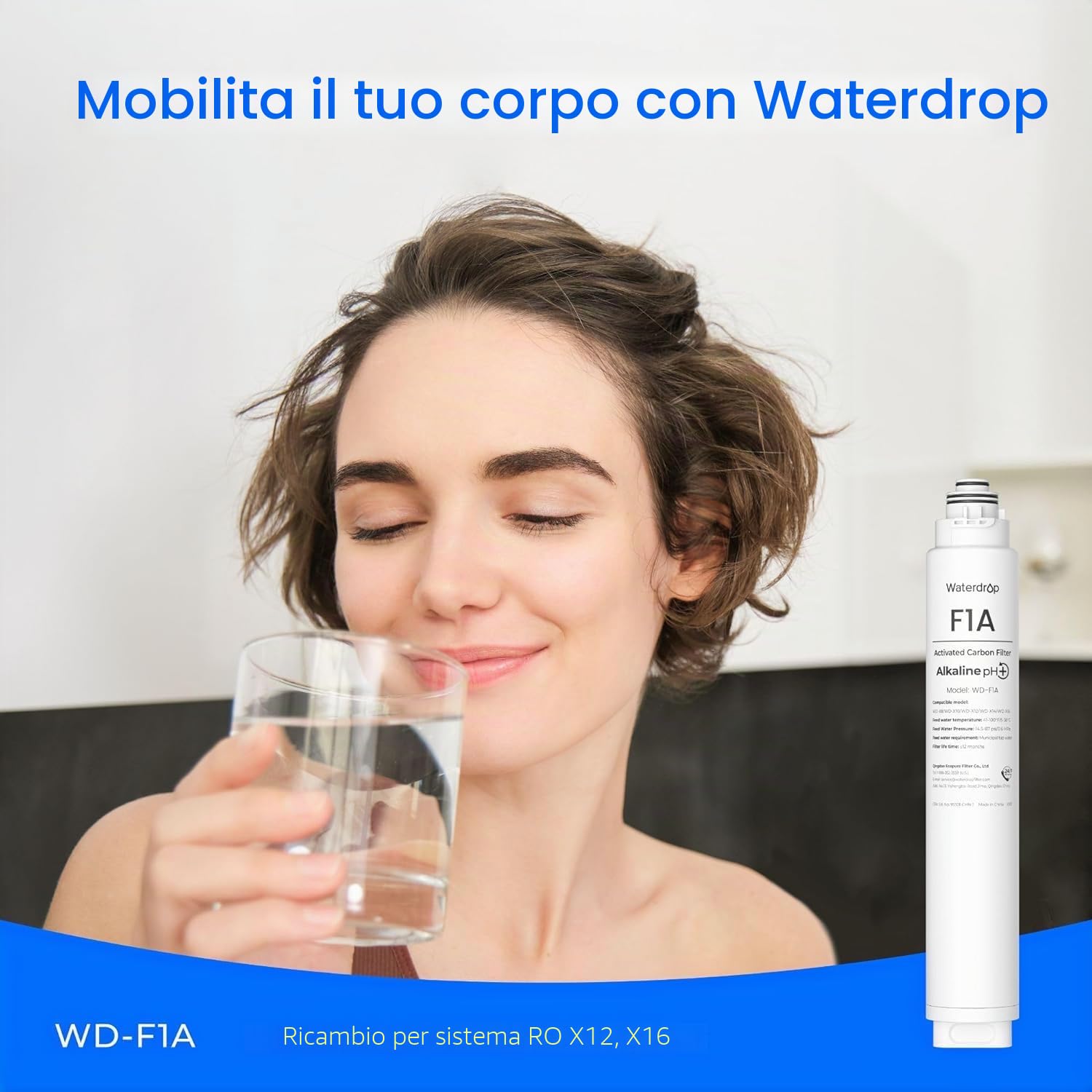 Waterdrop WD-F1A Filtro Minerale Alcalino pH+, Ricambio per il Sistema ad Osmosi Inversa WD-X12-Alcalino e WD-X16, 12 Mesi di Vita