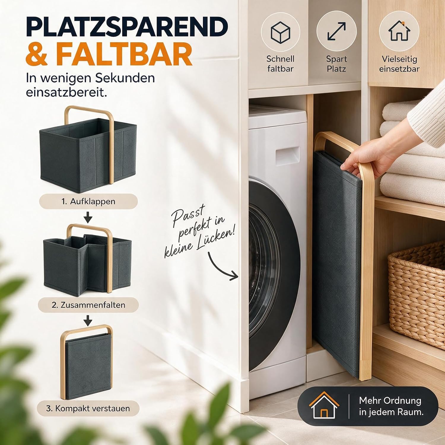 Collapsible Laundry Baskets with Handles 65L Portable Bamboo Laundry Hamper Oxford Fabric Foldable Laundry Bin Portable Cloth Baskets for Storage for Laundry Room Bedroom Living Room Gray image 3