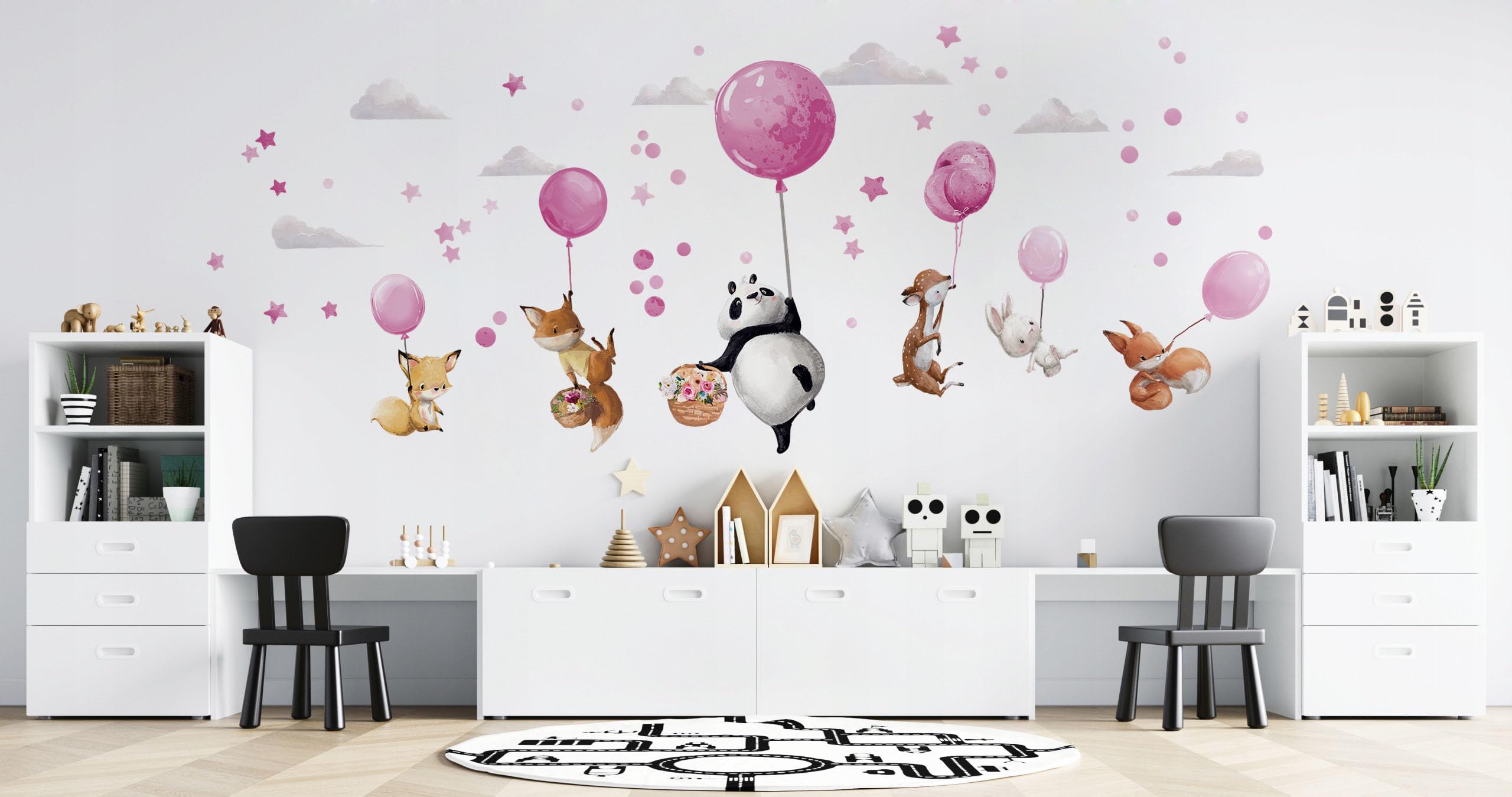 Duże naklejki na ścianę – zwierzęta na różowych balonach – panda, jeleń, lis, zając, dekoracja ścienna, do pokoju dziewczynki, chłopca, urodziny, baby shower, prezent XXL