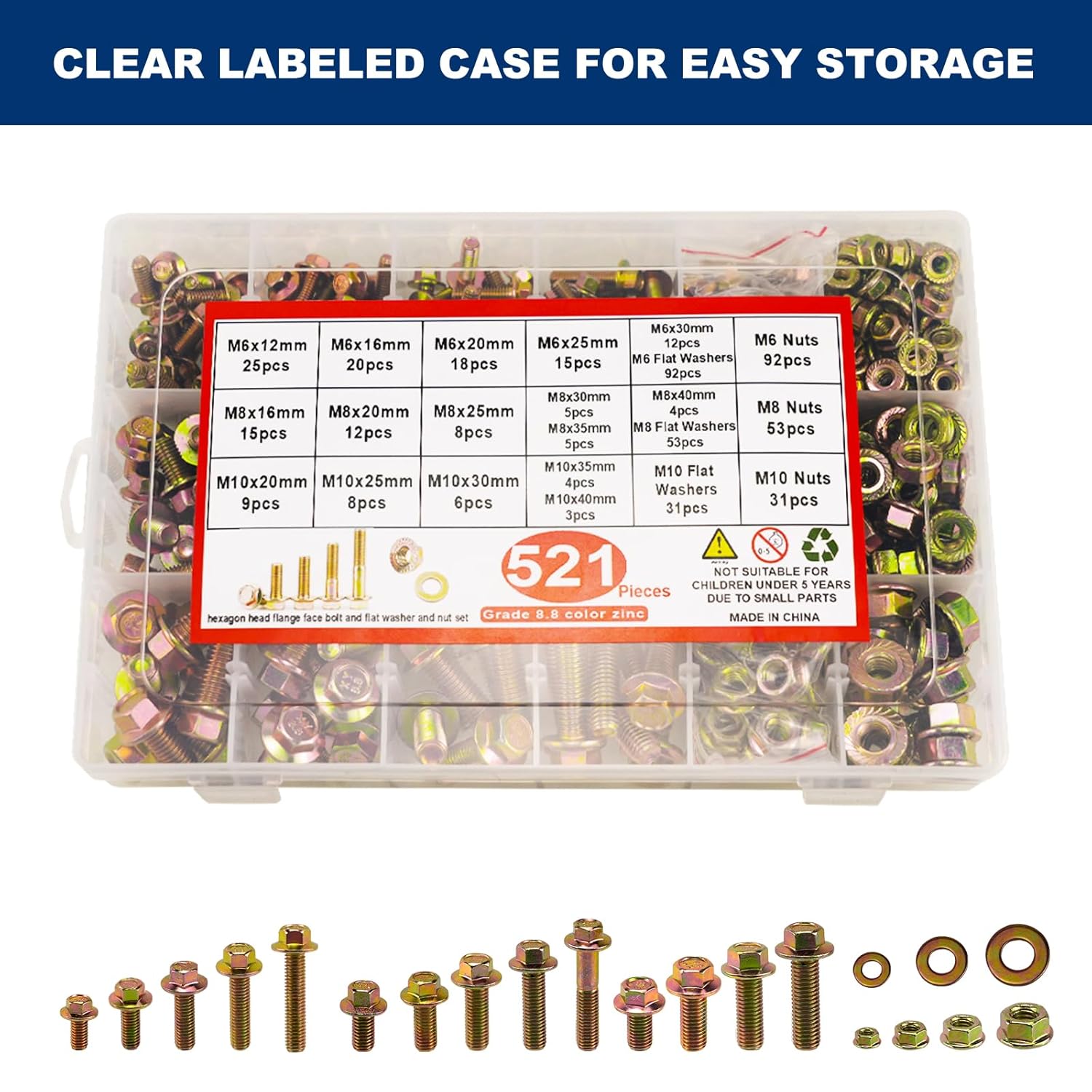 CNQLIS 521PCS Nuts and Bolts Assortment Kit - Heavy Duty Grade 8.8 Metric M6 M8 M10 Bolt Set with Assorted Nuts and Washers, Yellow Zinc Plated, Length from 12-40mm