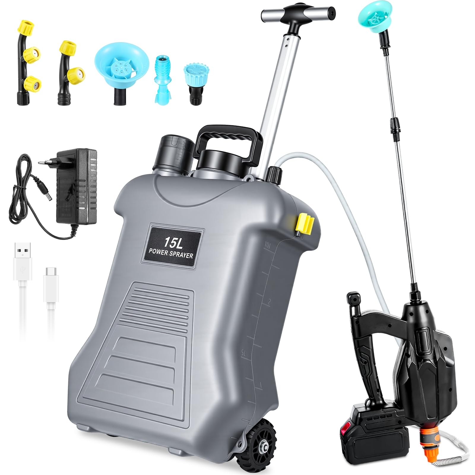 15L Pulverizador Electrico con Carro,Pulverizador Jardín Compatible Baterías Makita 18V,Mochila Pulverizadora,Pulverizadora Bateria con 5 Boquillas,3 Velocidad Ajustable, 3.0Ah Bateria,Telescópica