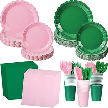 Zhehao 168 Pcs Green and Pink Party Decoration Pink and Green Paper Plates Cup Napkin Knives Fork Spoon for Witch Easter Princess Themed Birthday Party Disposable Supplies, Serve 24 Guest