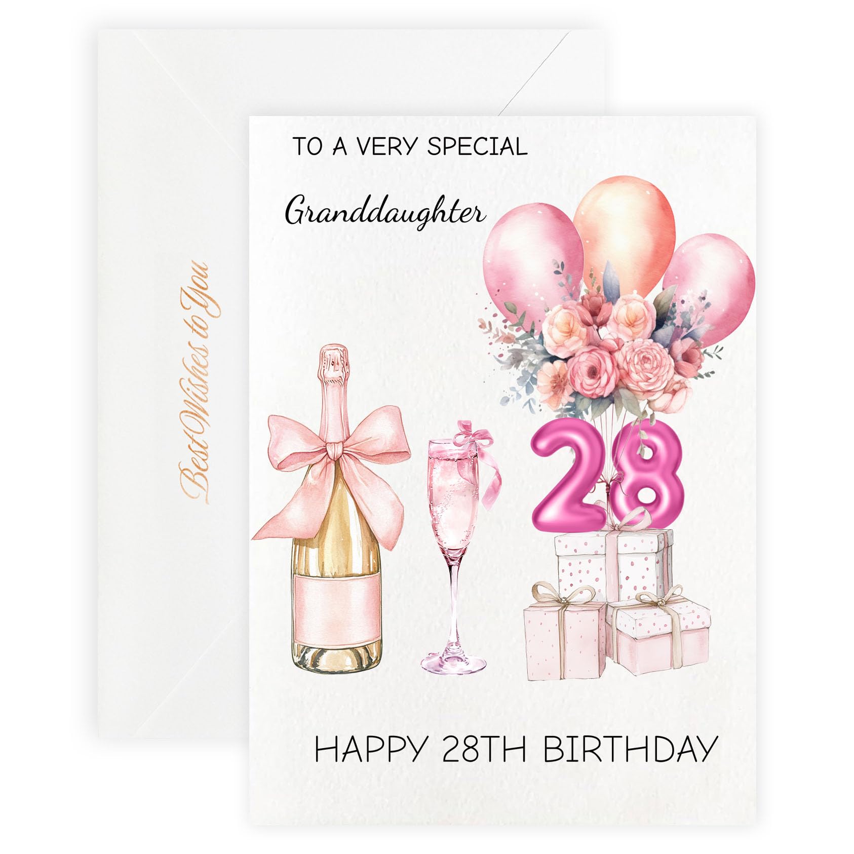 MAGJUCHE 28th Birthday Cards for Granddaughter, Pink Happy Birthday Cards, with Envelope and Wax Seal, 5x7 inch