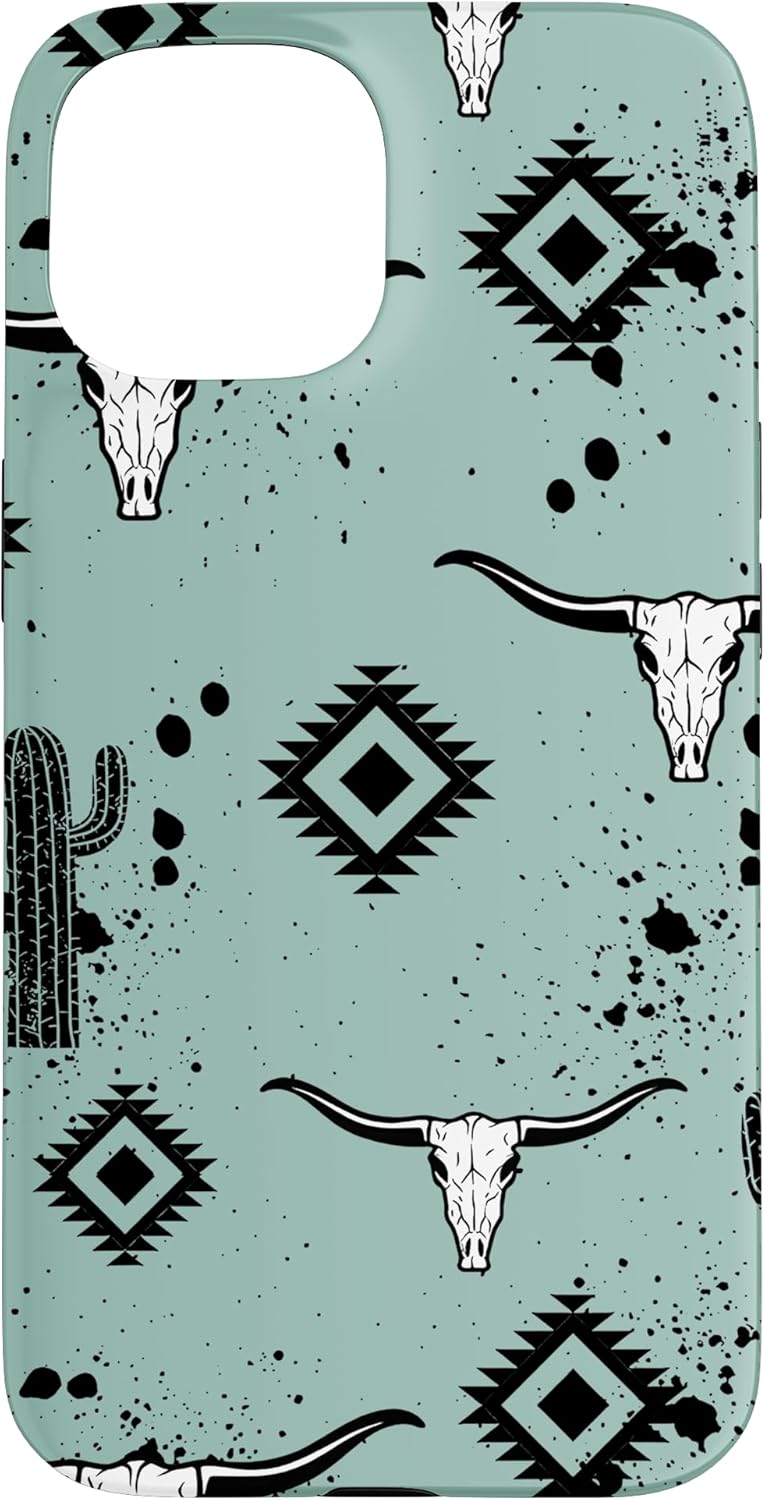 Western Country Aztec Bull Skull Cactus Cacti Pattern Case for iPhone 16