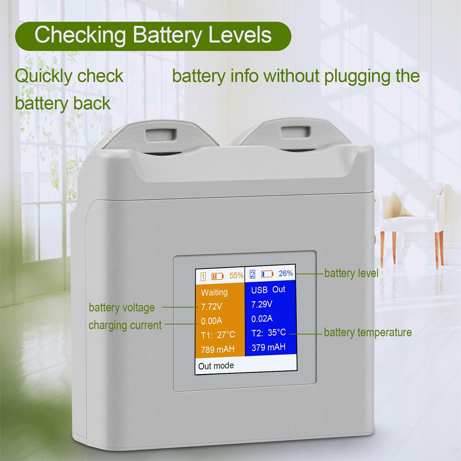 Hubs de charge légers à double port pour batterie avec affichage clair PD25W sortie USB 5V2A charge rapide