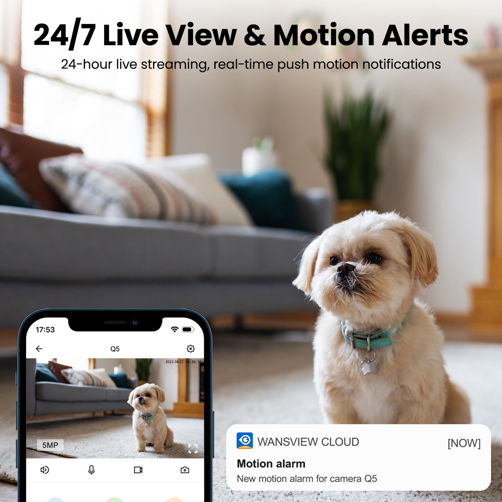 wansview 3K 5MP Camera Interieur - 2.4G/5G Double Bande WiFi Camera Surveillance, Suivi Intelligent 360 degrés, Détection Humaine IA pour Bebe/Chat/Chien connectée Smartphone, Audio Bidirectionnel