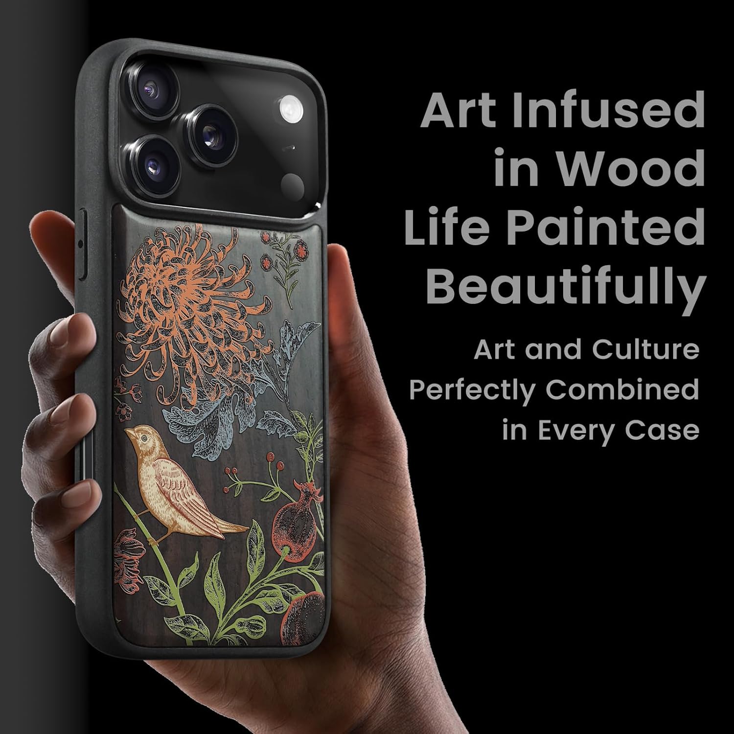 Magnetic for iPhone 17 Pro Max Case Compatible with MagSafe Wireless Charging, Wooden Cover & Shockproof TPU Phone Case, Dark Wood Hand-Drawn Pattern - Botanical Birds