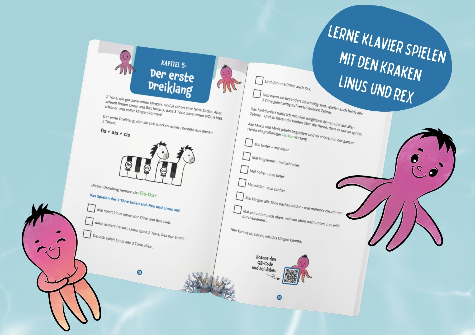 Musikspaß! Klavier lernen für Kinder mit den lustigen Kraken Linus & Rex: Ein spielerischer Einstieg in die Welt der Musik inkl. Videos, bunten Tastenschablonen und kreativem Lernmaterial