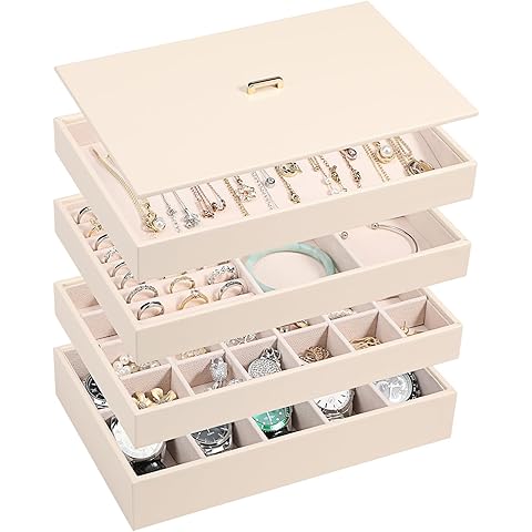 Voova Stackable Jewelry Organizer Tray with Lid, PU Leather Jewelry Storage Holder for Drawer Inserts, Jewellery Display Box Case for Earring Necklace Ring Watch Bracelet (Set of 4, Apricot)