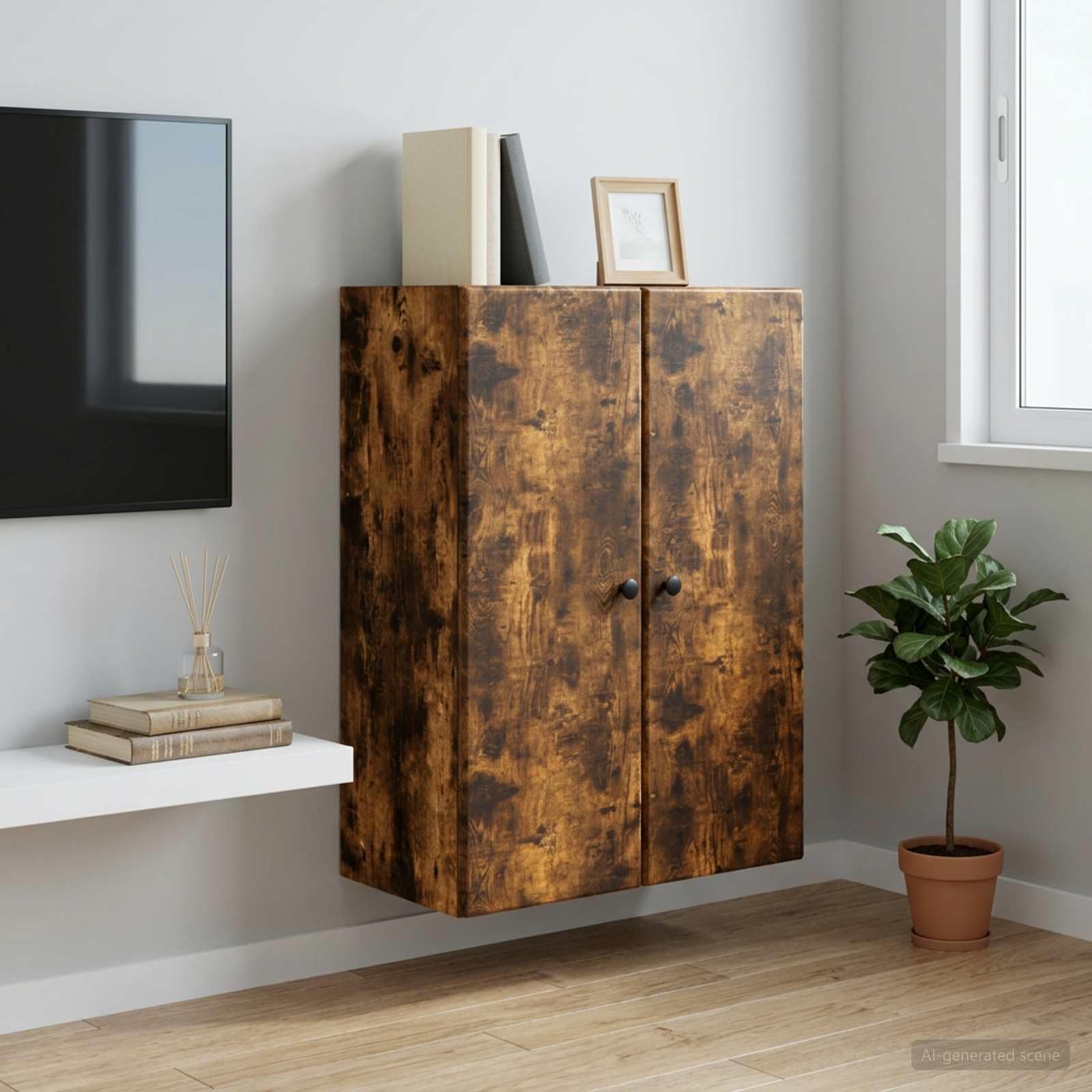 Armadio portaoggetti da parete in rovere affumicato, 66 x 34,5 x 90 cm, con 2 ante e 2 ripiani, chiudibile, per ufficio, garage, cantina