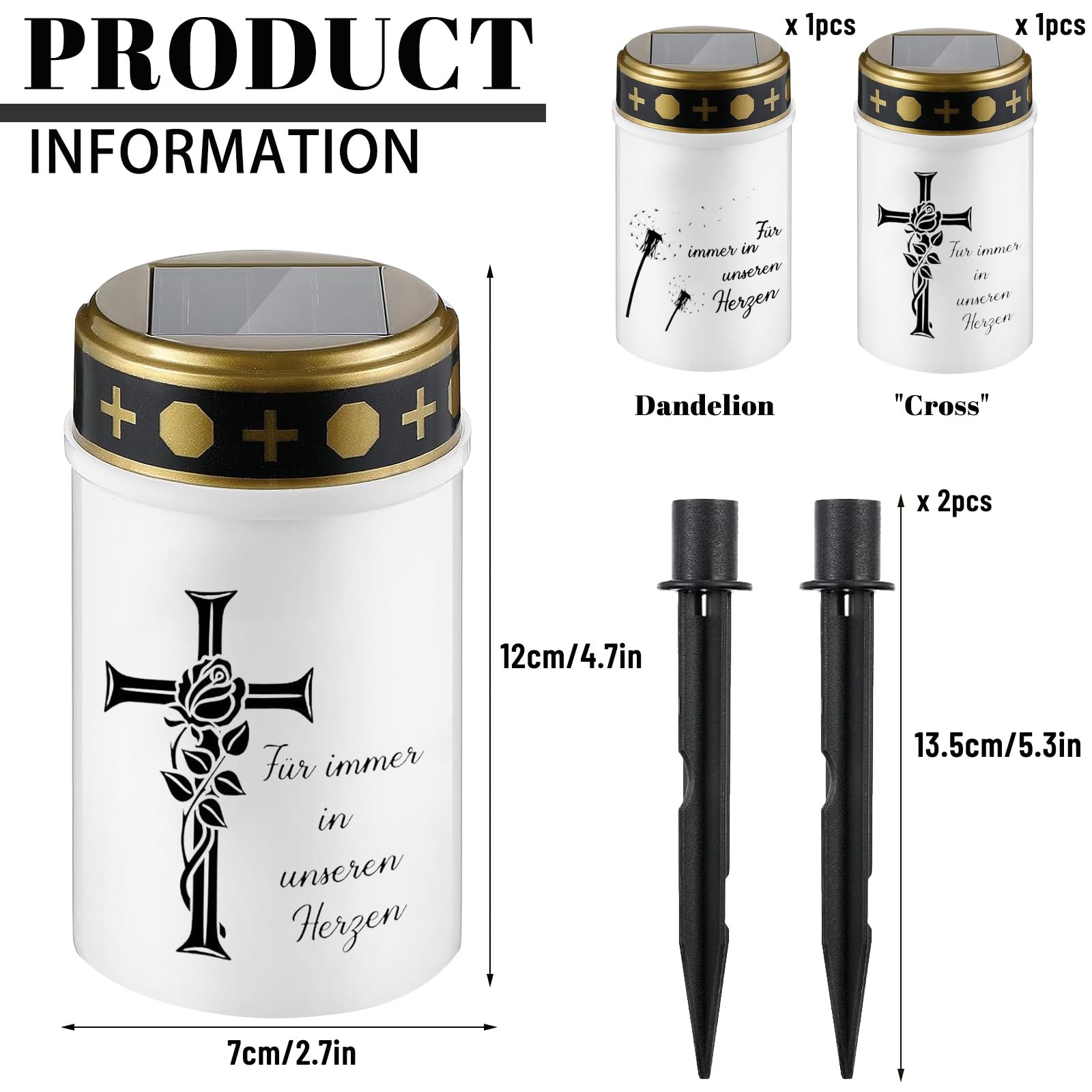 Nezyo 2 Pezzi Candele Solari per Cimitero da Esterno Lampada Commemorativa Solare Lampada da Tomba Luci per Tomba Candele Cimiteriali Impermeabili (Bianco, Dente di Leone e Cuore