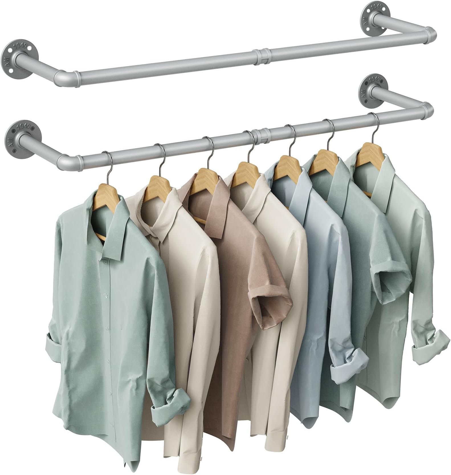 Industrial Pipe Clothes Rack Wall Mounted Set of 2, 38.4 inches Heavy Duty Iron Pipe Clothing Garment Rail, Multi-Purpose Clothing Hanging Rod for Laundry Room and Closet Storage, Silver Gray