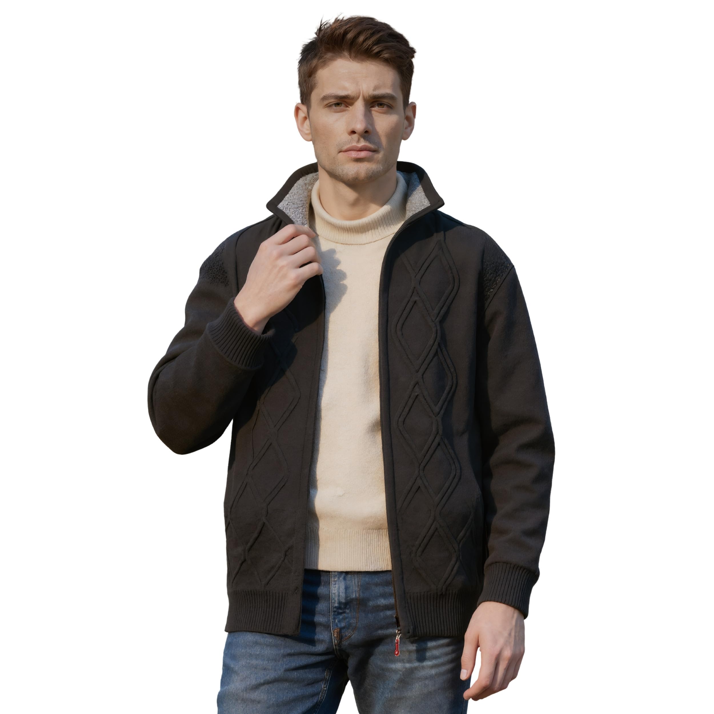 Cárdigan de Hombre Cárdigan Invierno Cálido Suéter Chaqueta Mangas Largas Punto Suéter con Cremallera Forro Polar Chaqueta Cuello Alto Punto Cable